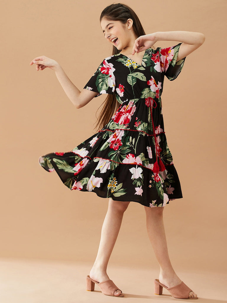 Girls V-Neck Tropical Cotton Dress (d-blackrose)