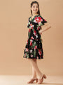 Girls V-Neck Tropical Cotton Dress (d-blackrose)