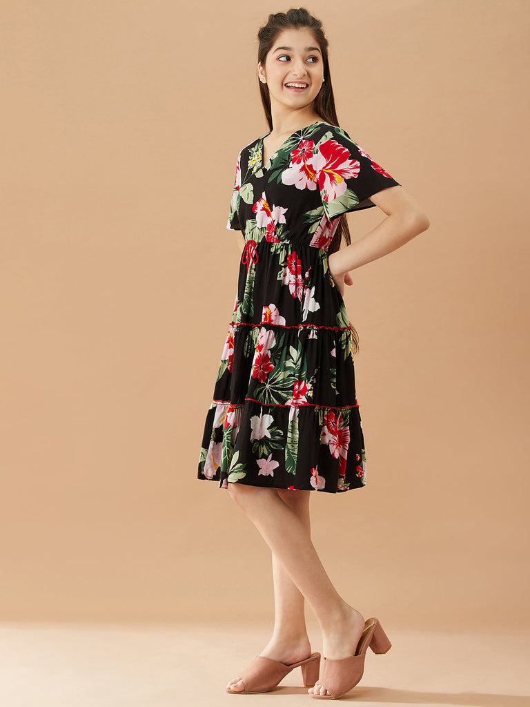 Girls V-Neck Tropical Cotton Dress (d-blackrose)