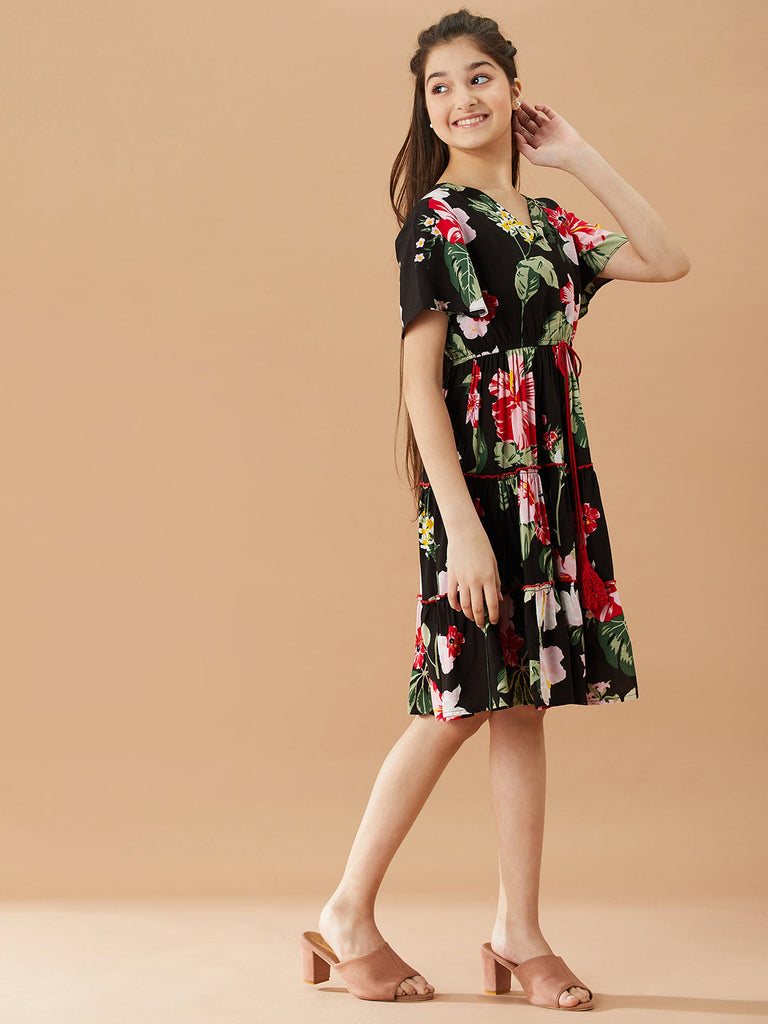 Girls V-Neck Tropical Cotton Dress (d-blackrose)