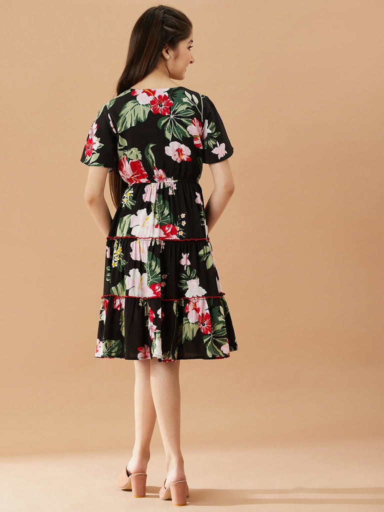 Girls V-Neck Tropical Cotton Dress (d-blackrose)