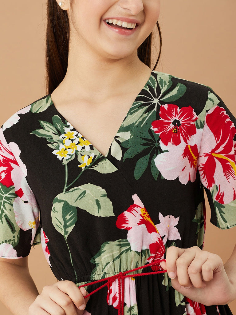 Girls V-Neck Tropical Cotton Dress (d-blackrose)