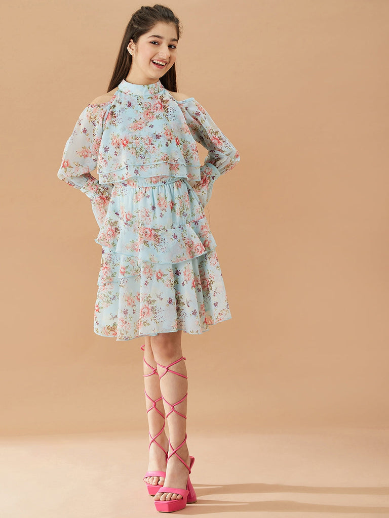 Girls Floral Printed Layered A-Line Dress (d-bluegeo)