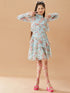 Girls Floral Printed Layered A-Line Dress (d-bluegeo)