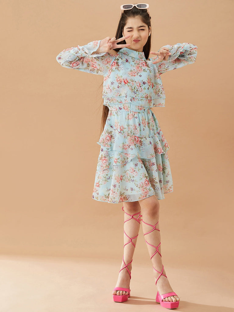 Girls Floral Printed Layered A-Line Dress (d-bluegeo)