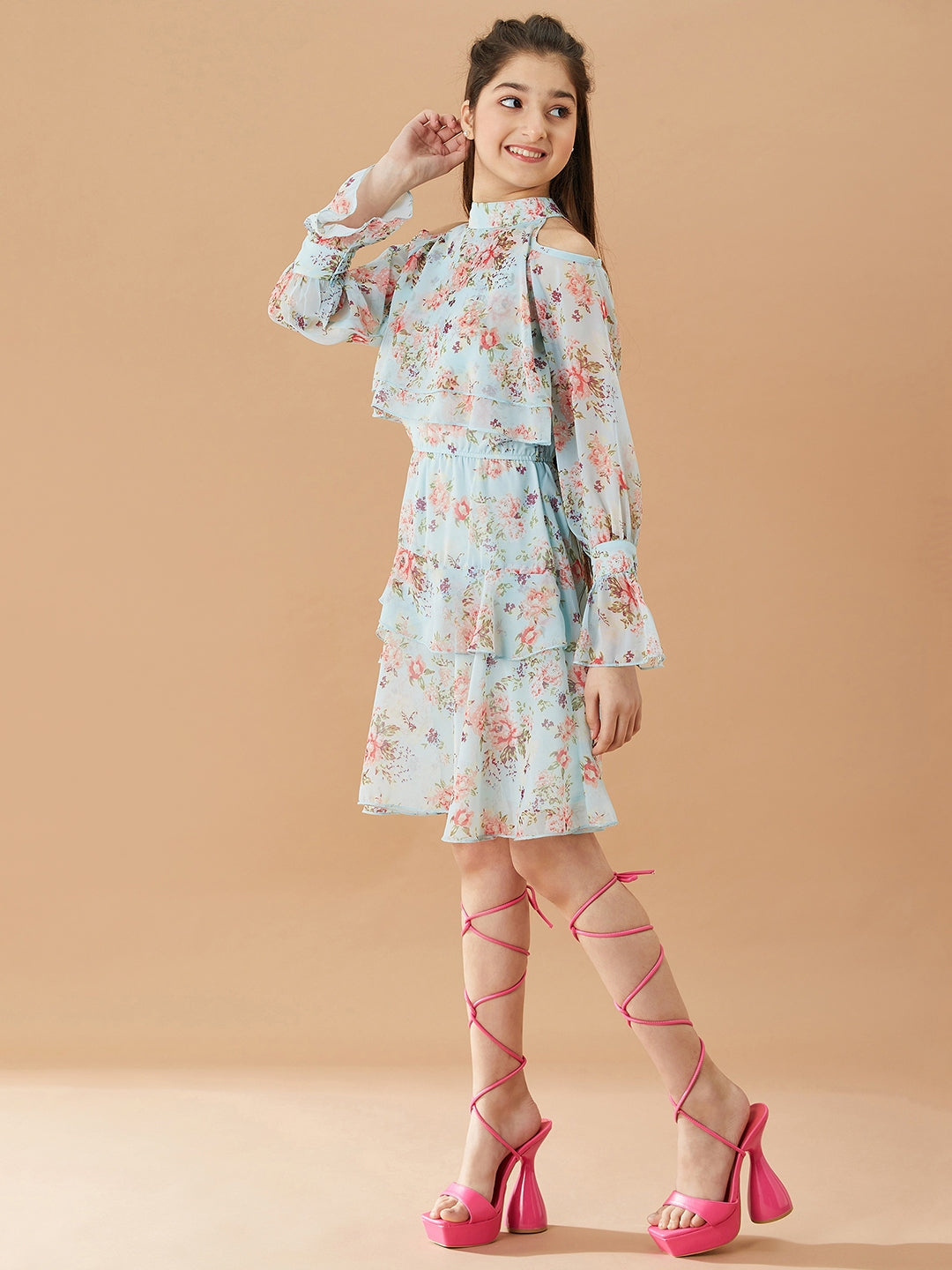 Girls Floral Printed Layered A-Line Dress (d-bluegeo)