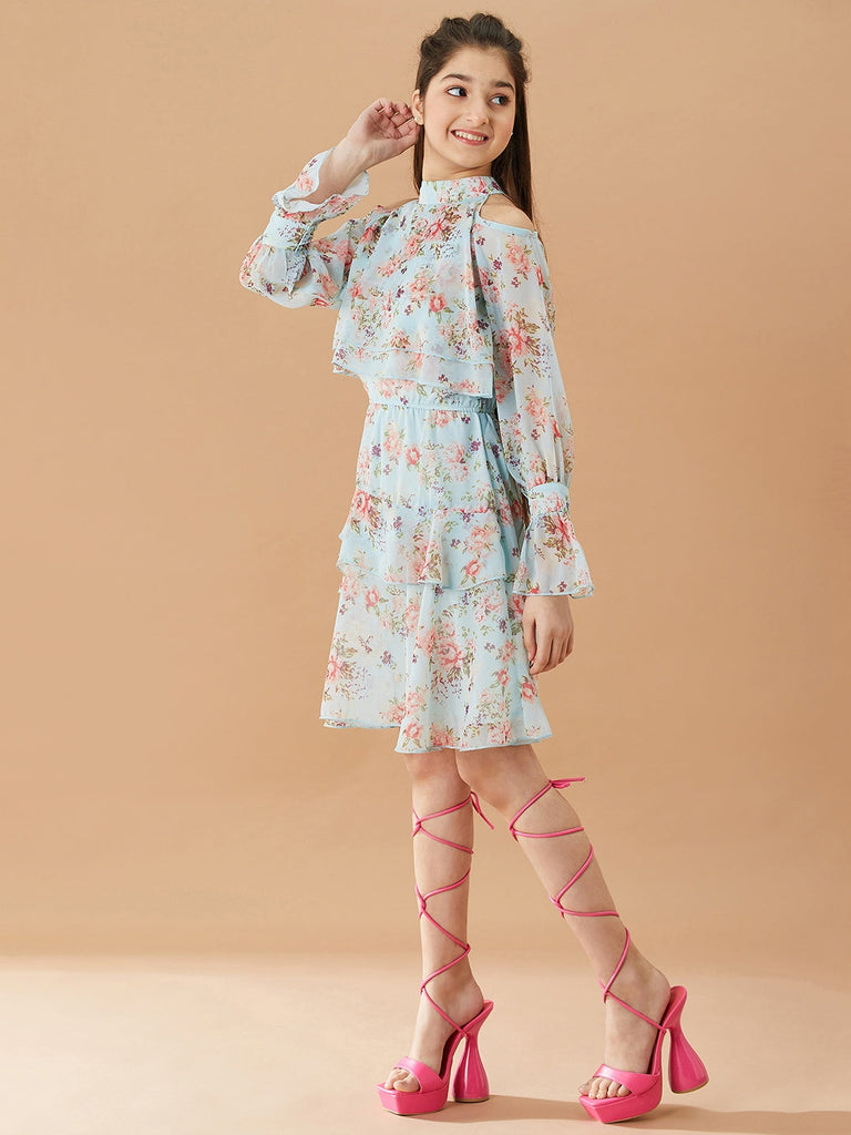 Girls Floral Printed Layered A-Line Dress (d-bluegeo)