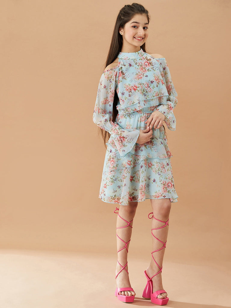 Girls Floral Printed Layered A-Line Dress (d-bluegeo)