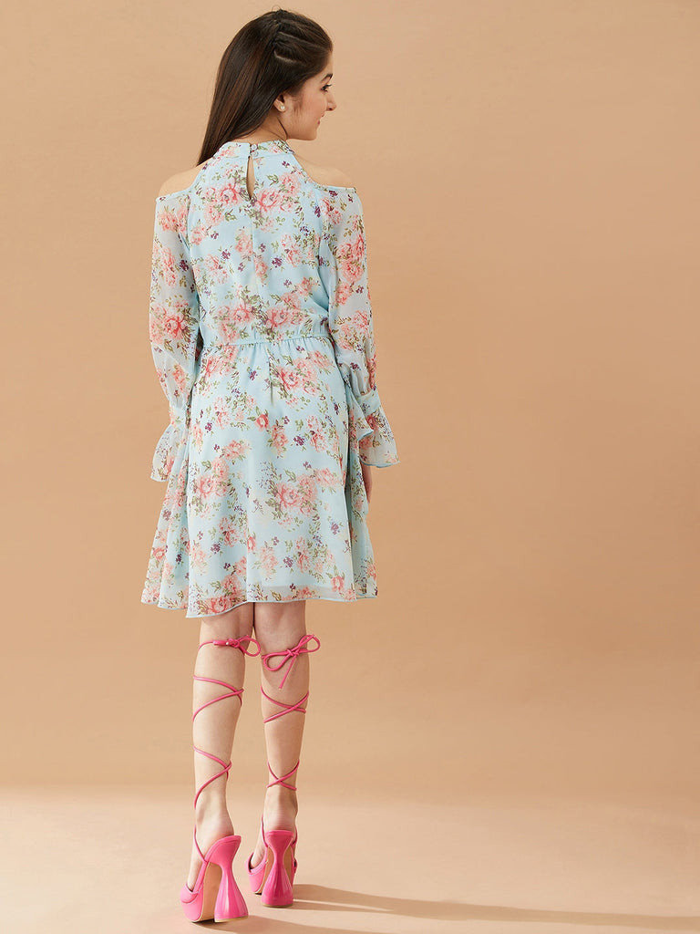 Girls Floral Printed Layered A-Line Dress (d-bluegeo)