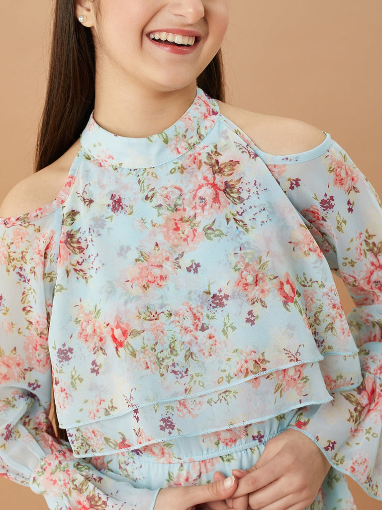 Girls Floral Printed Layered A-Line Dress (d-bluegeo)