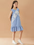 Girl's Blue Cotton Knee Length Sleeveless Round Neck Dress (d-chambray)