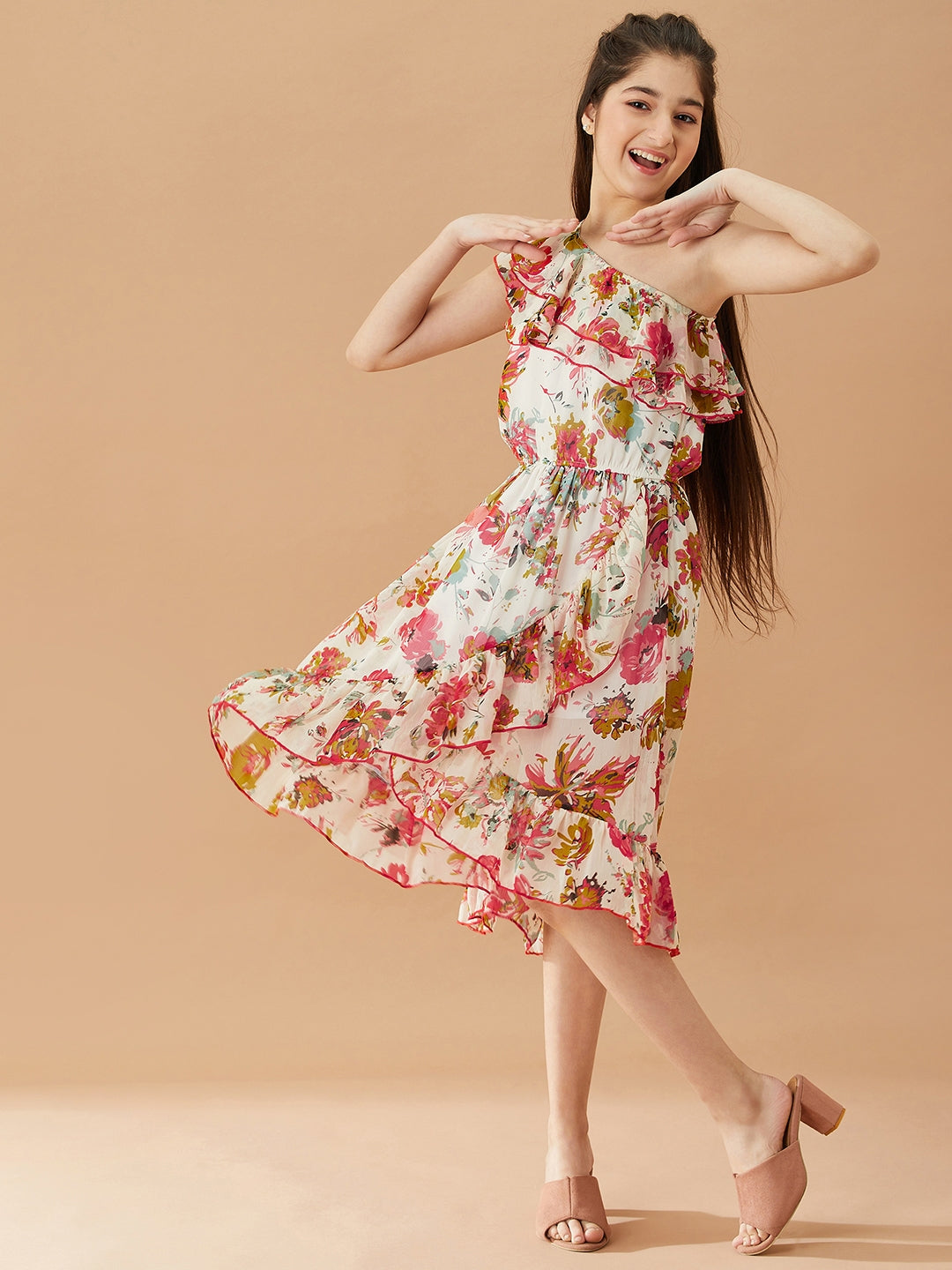 Girls Floral Printed One Shoulder Midi Fit Flare Dress (d-chiffonfrill)