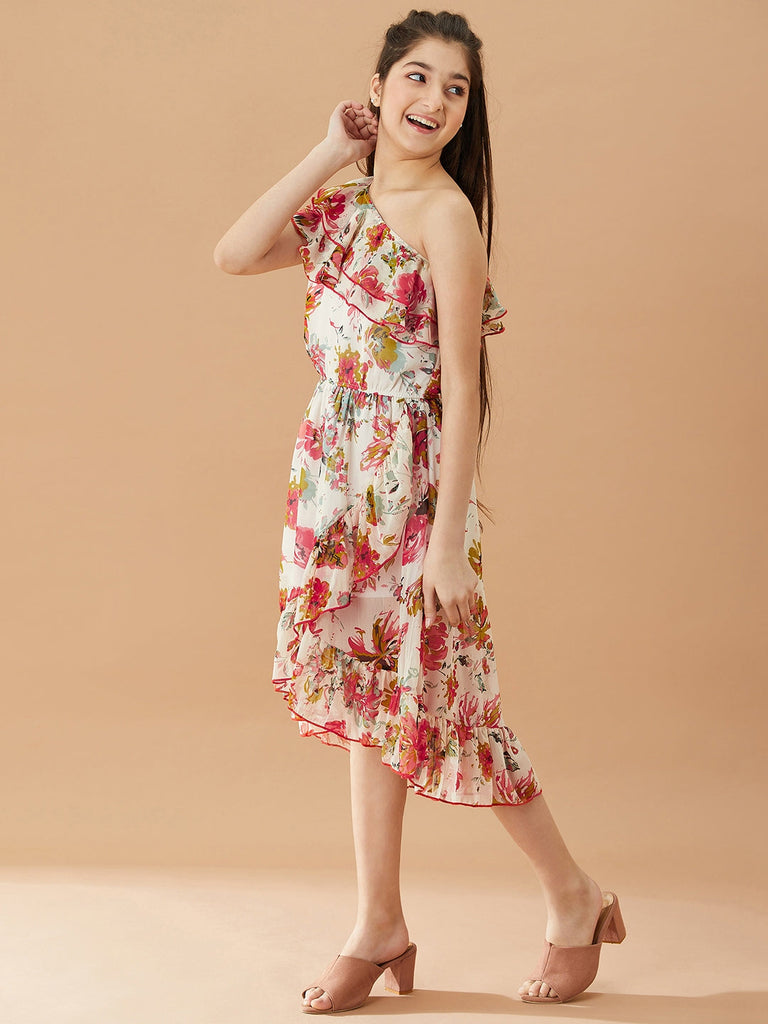 Girls Floral Printed One Shoulder Midi Fit Flare Dress (d-chiffonfrill)