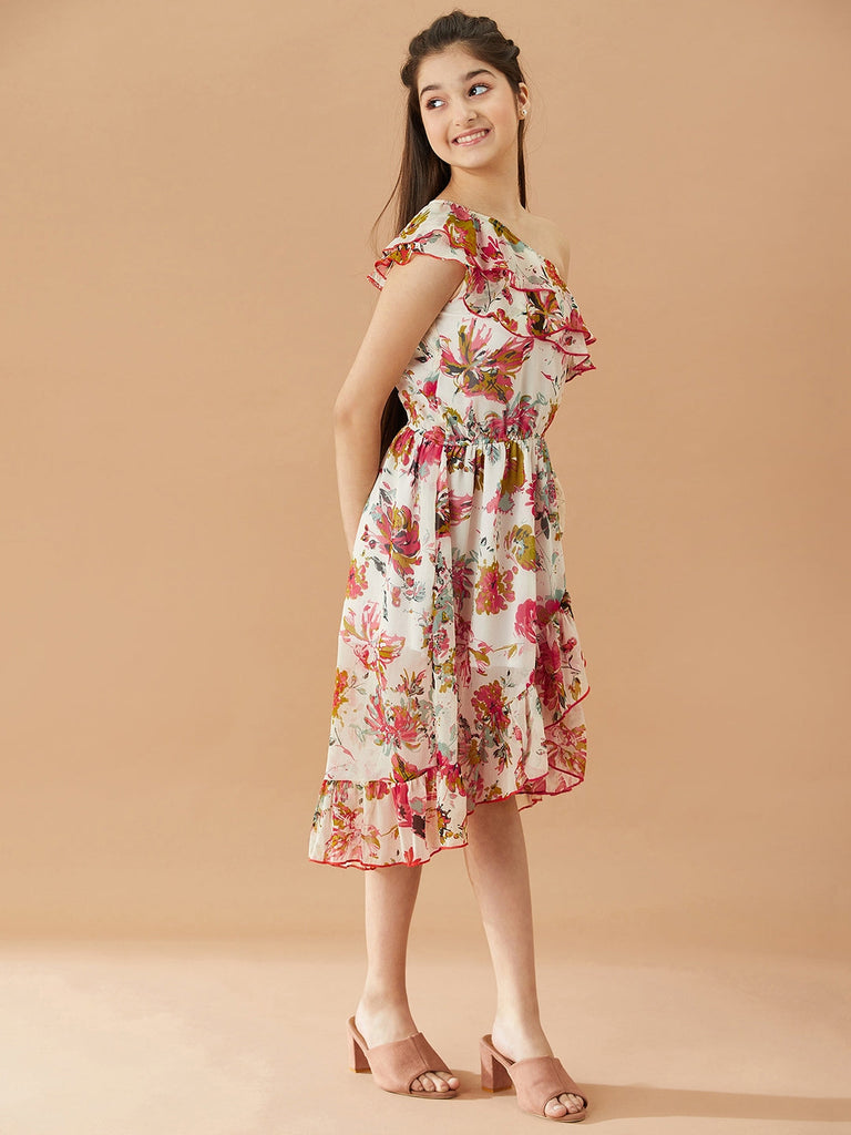 Girls Floral Printed One Shoulder Midi Fit Flare Dress (d-chiffonfrill)