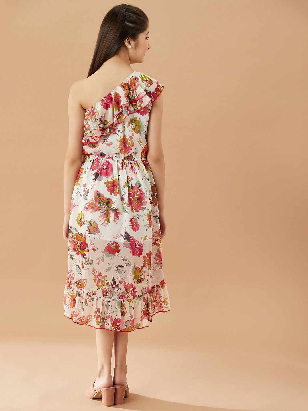 Girls Floral Printed One Shoulder Midi Fit Flare Dress (d-chiffonfrill)