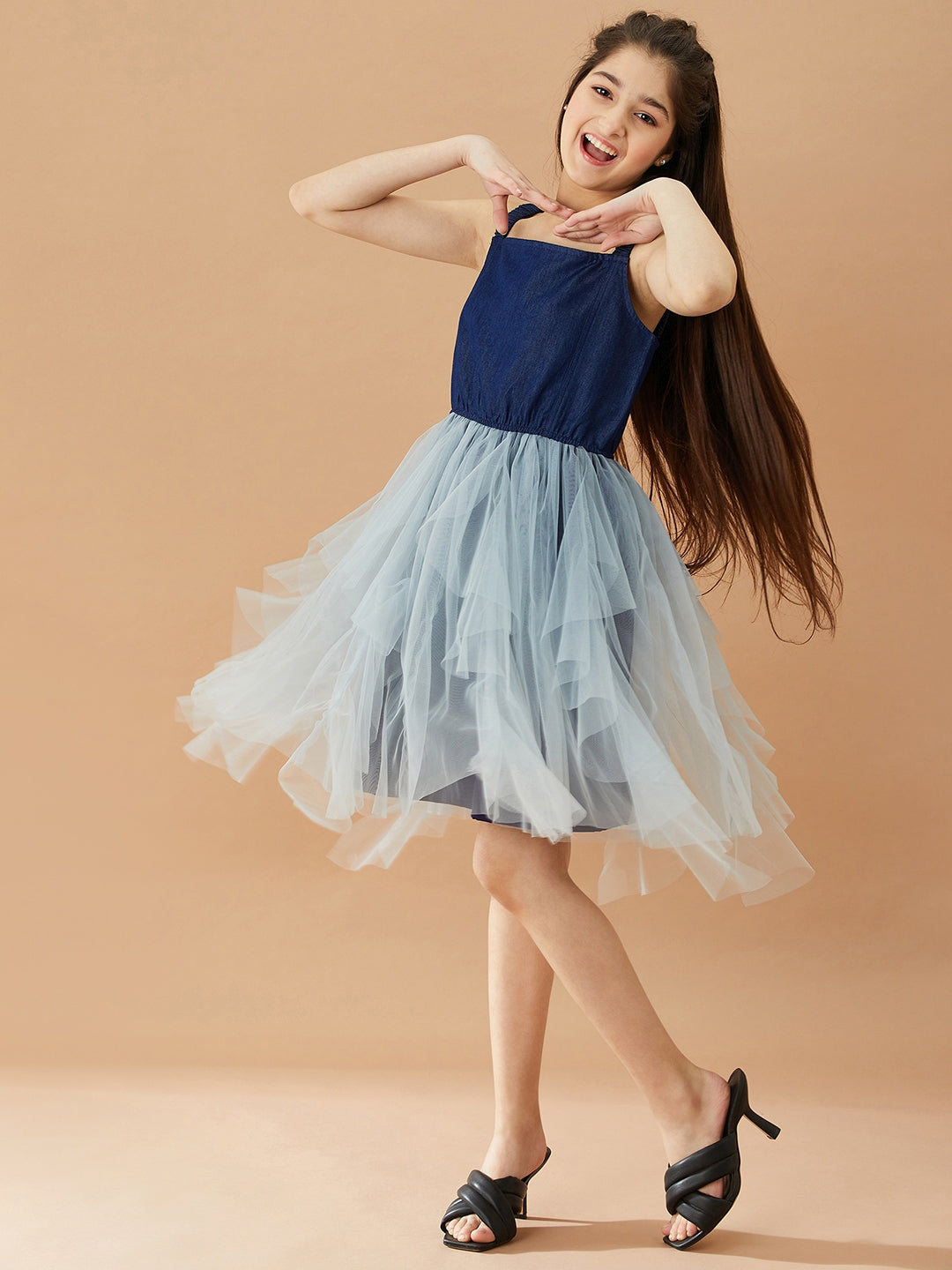 Girls Net Layered Fit & Flare Dress (d-denimnet)