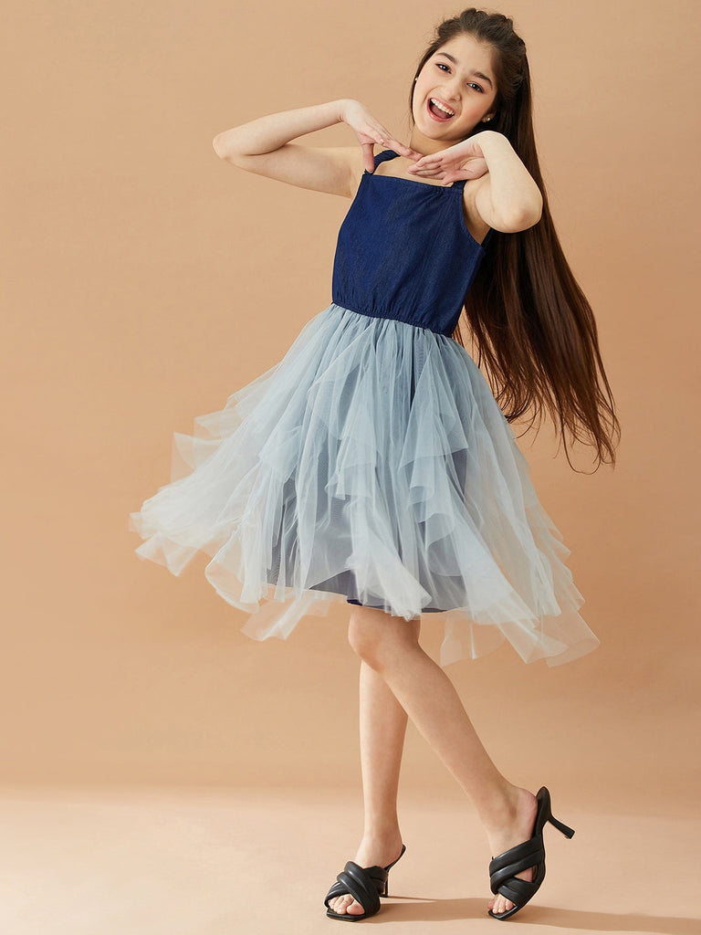 Girls Net Layered Fit & Flare Dress (d-denimnet)