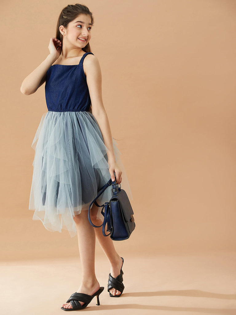 Girls Net Layered Fit & Flare Dress (d-denimnet)