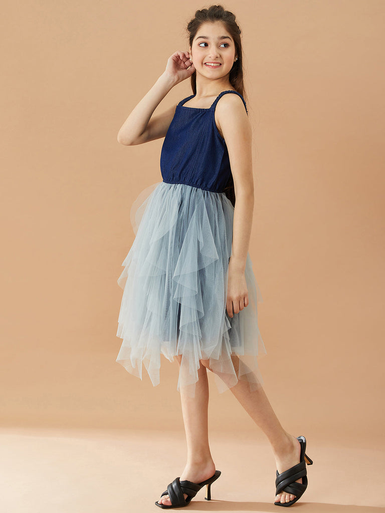 Girls Net Layered Fit & Flare Dress (d-denimnet)