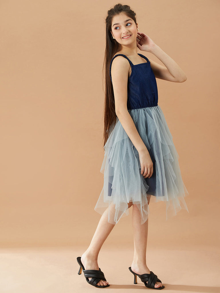 Girls Net Layered Fit & Flare Dress (d-denimnet)