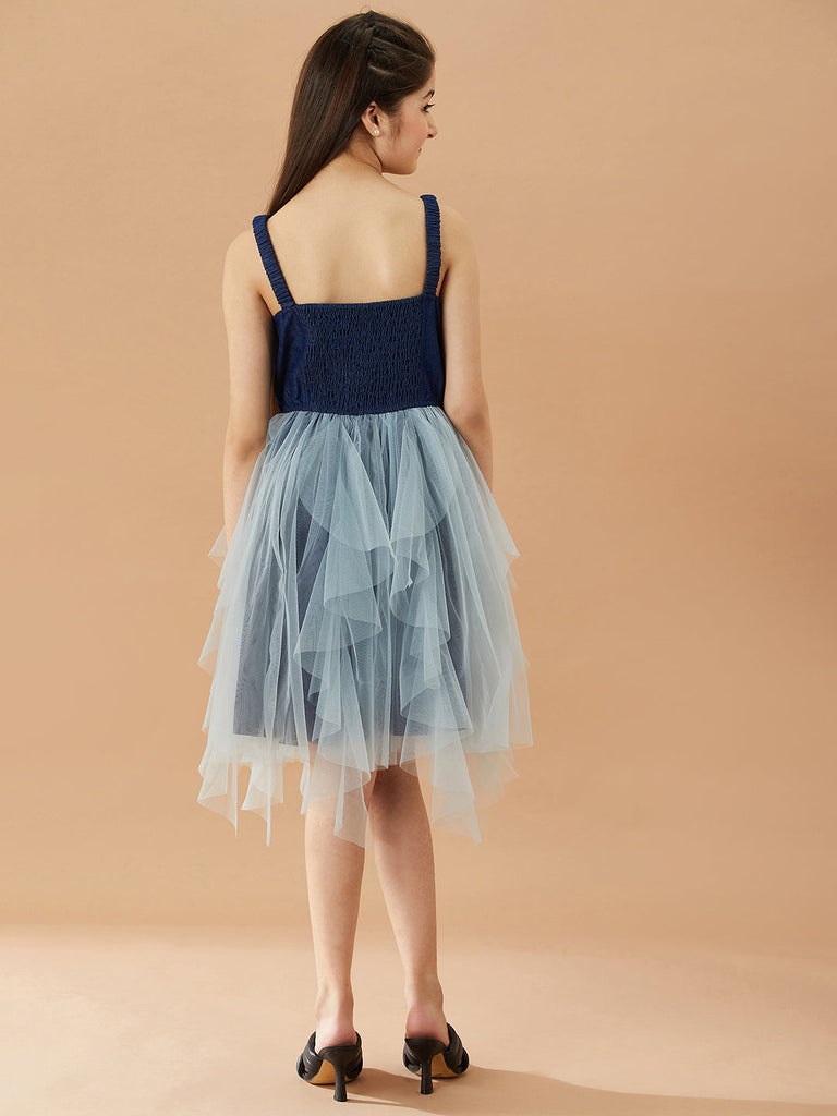 Girls Net Layered Fit & Flare Dress (d-denimnet)