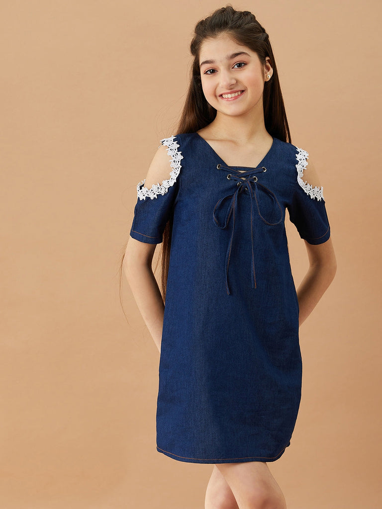 Girls Tie-Up Neck Cold-Shoulder Sleeves Denim A-Line Dress (d-denimtunic)