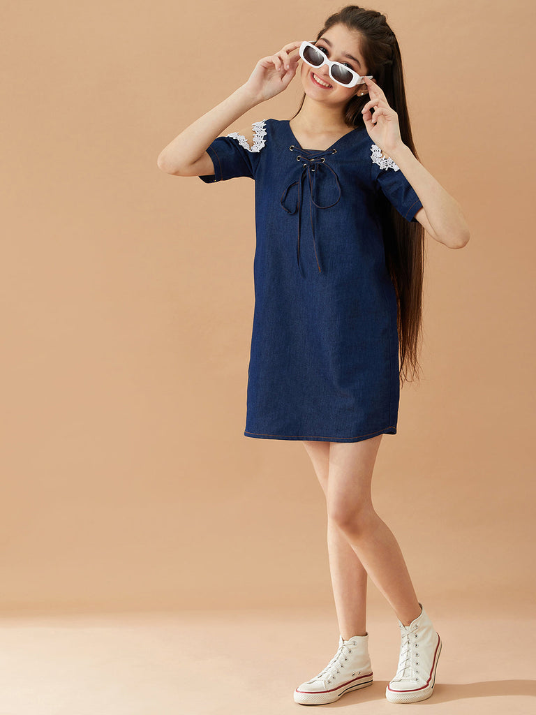 Girls Tie-Up Neck Cold-Shoulder Sleeves Denim A-Line Dress (d-denimtunic)