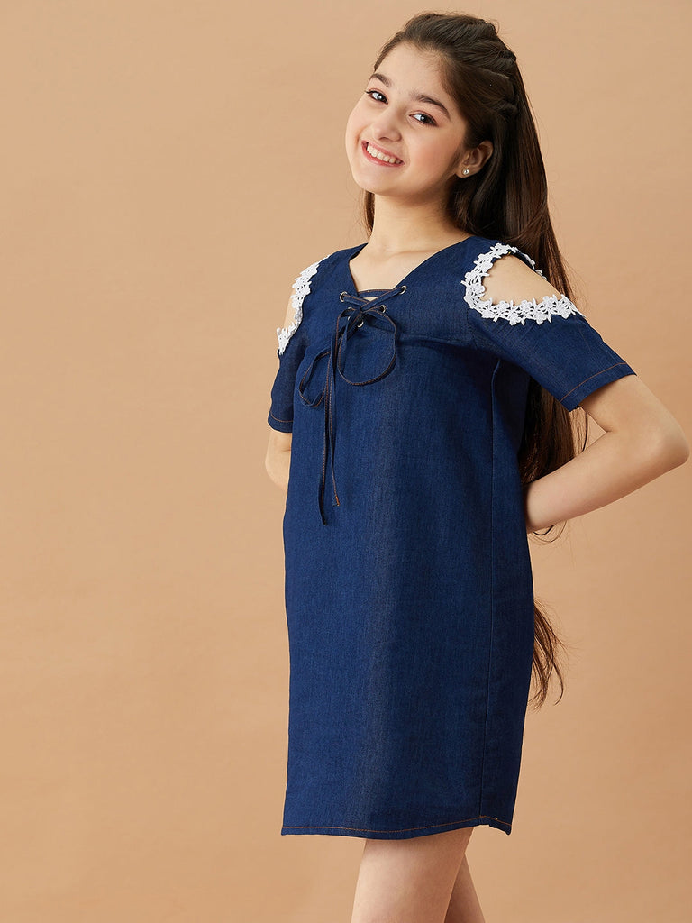 Girls Tie-Up Neck Cold-Shoulder Sleeves Denim A-Line Dress (d-denimtunic)