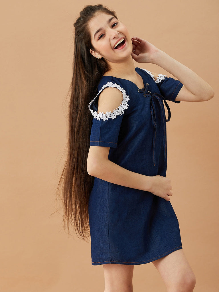Girls Tie-Up Neck Cold-Shoulder Sleeves Denim A-Line Dress (d-denimtunic)