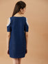 Girls Tie-Up Neck Cold-Shoulder Sleeves Denim A-Line Dress (d-denimtunic)