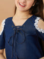 Girls Tie-Up Neck Cold-Shoulder Sleeves Denim A-Line Dress (d-denimtunic)
