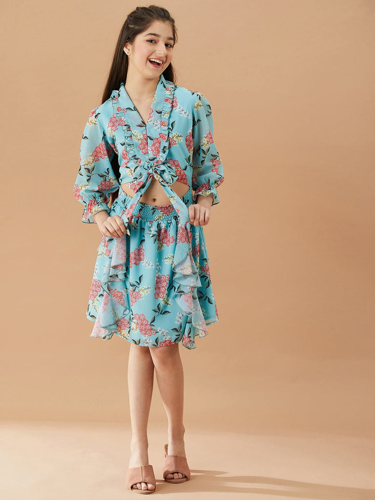 Girls Floral Fit & Flare V-neck Georgette fabric cuffed sleeves Casual Dress (d-greengeo)