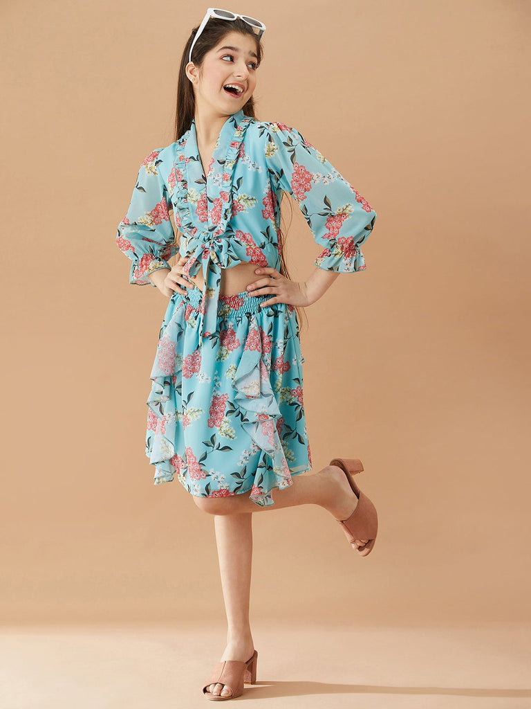 Girls Floral Fit & Flare V-neck Georgette fabric cuffed sleeves Casual Dress (d-greengeo)
