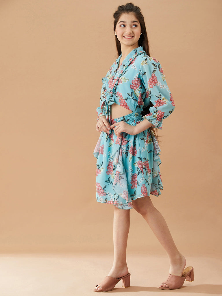 Girls Floral Fit & Flare V-neck Georgette fabric cuffed sleeves Casual Dress (d-greengeo)