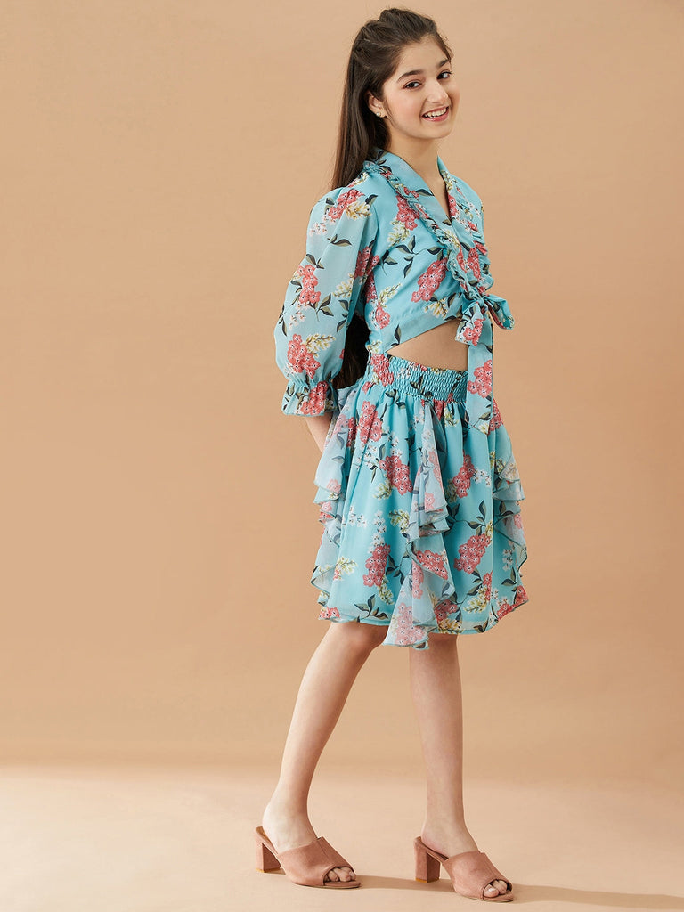 Girls Floral Fit & Flare V-neck Georgette fabric cuffed sleeves Casual Dress (d-greengeo)