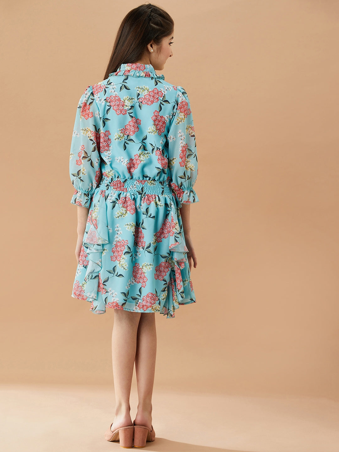 Girls Floral Fit & Flare V-neck Georgette fabric cuffed sleeves Casual Dress (d-greengeo)