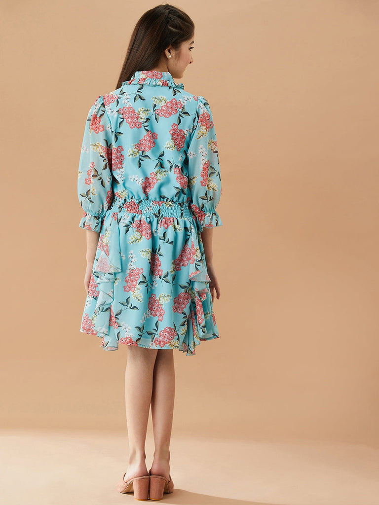 Girls Floral Fit & Flare V-neck Georgette fabric cuffed sleeves Casual Dress (d-greengeo)