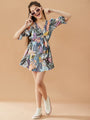 Girls Tropical Fit & Flare Cotton Dress (d-leafmulti)