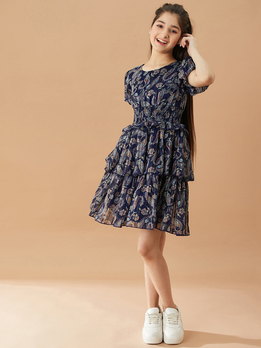Girls Ethnic Motifs Printed Layered Fit & Flare Dress (d-lurexna)