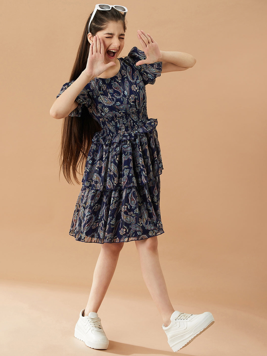 Girls Ethnic Motifs Printed Layered Fit & Flare Dress (d-lurexna)