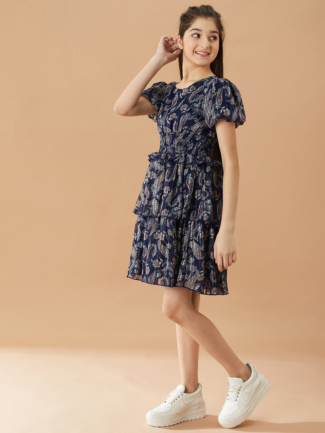 Girls Ethnic Motifs Printed Layered Fit & Flare Dress (d-lurexna)