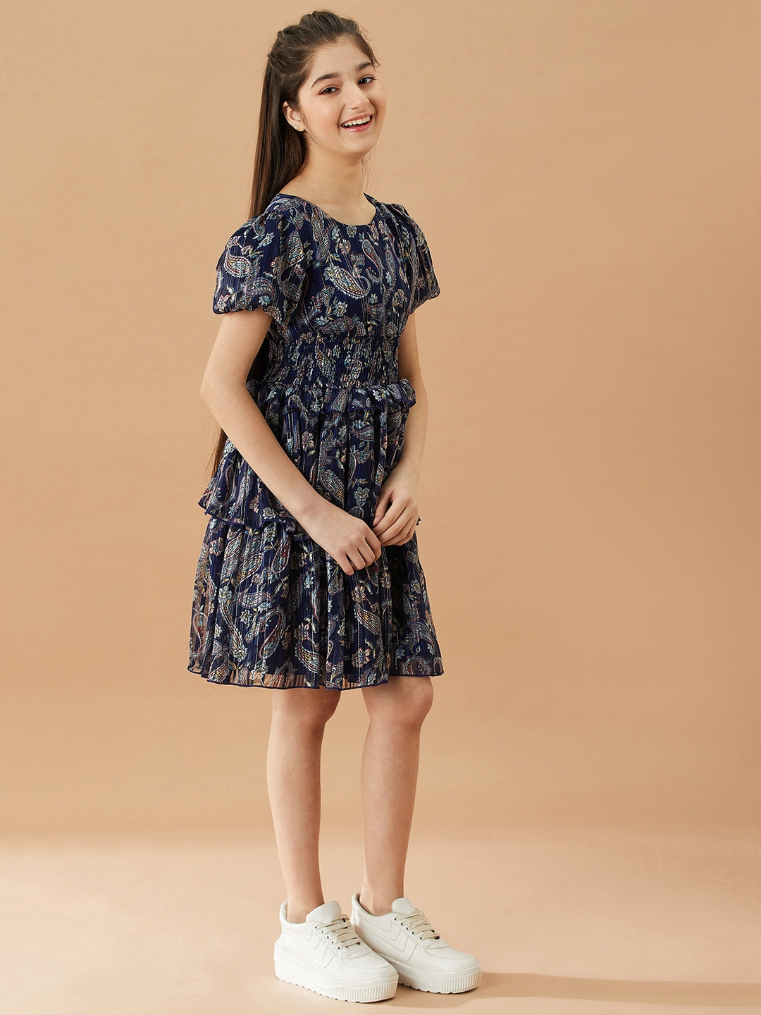 Girls Ethnic Motifs Printed Layered Fit & Flare Dress (d-lurexna)