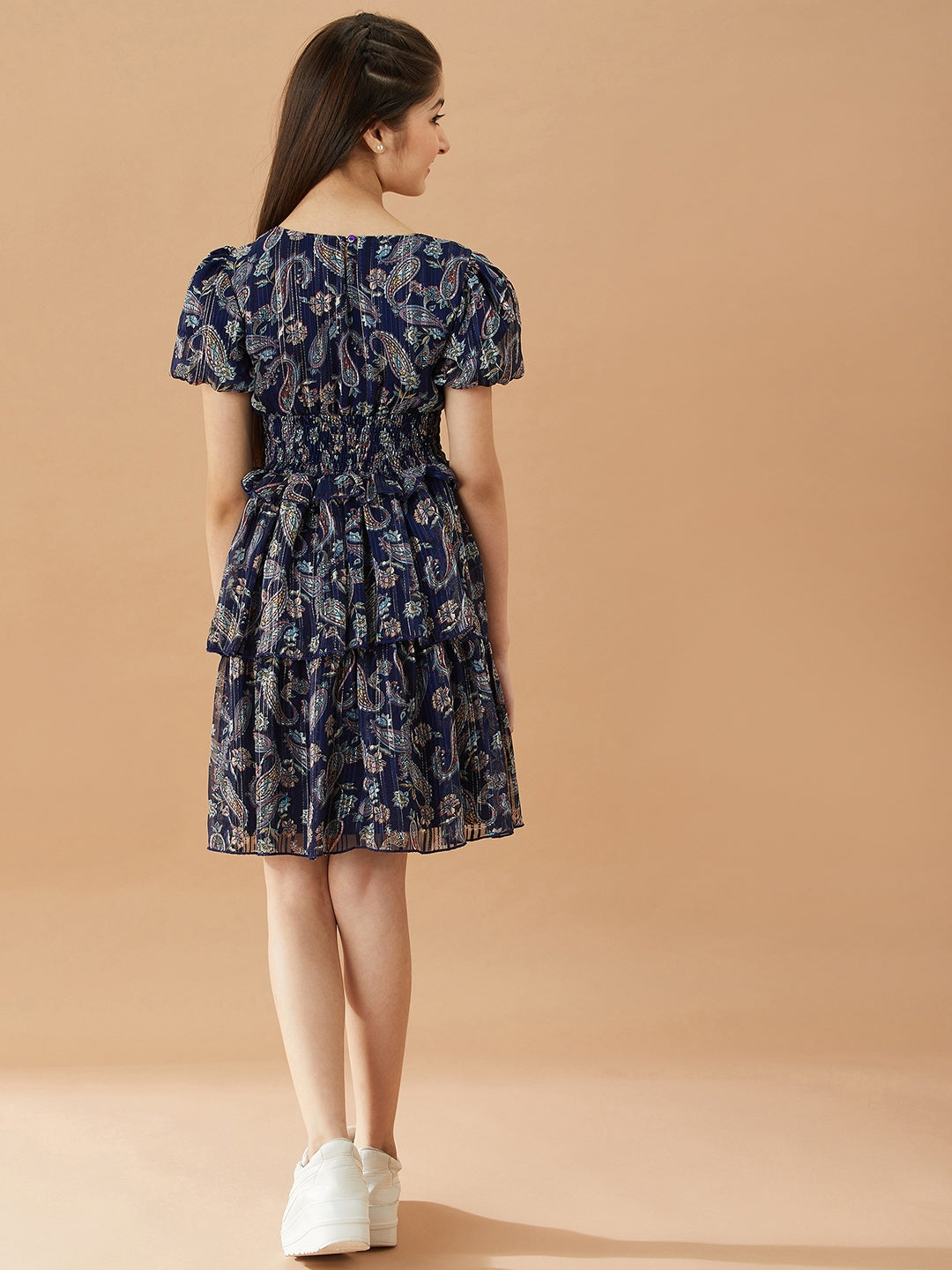 Girls Ethnic Motifs Printed Layered Fit & Flare Dress (d-lurexna)