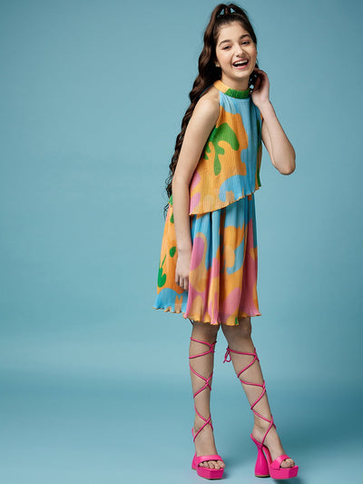 Girls Halter Neck Georgette A-Line Dress (d-orpleat)