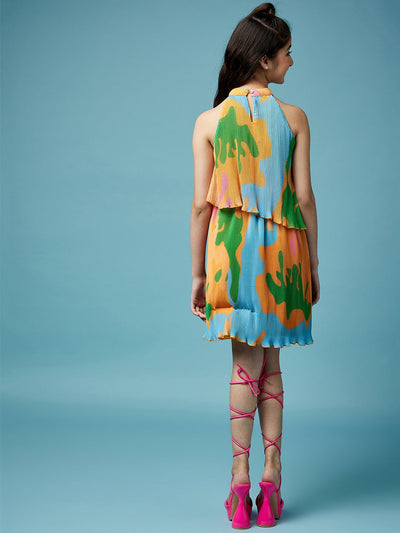 Girls Halter Neck Georgette A-Line Dress (d-orpleat)