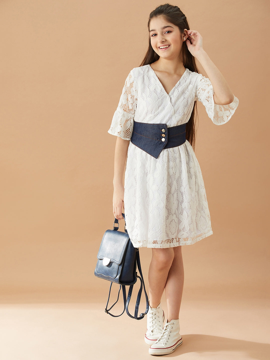 Girls Self design fit & flare dress V-Neck Three-quarter Sleeves Casual wear Dress (d-whitelace)