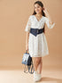 Girls Self design fit & flare dress V-Neck Three-quarter Sleeves Casual wear Dress (d-whitelace)