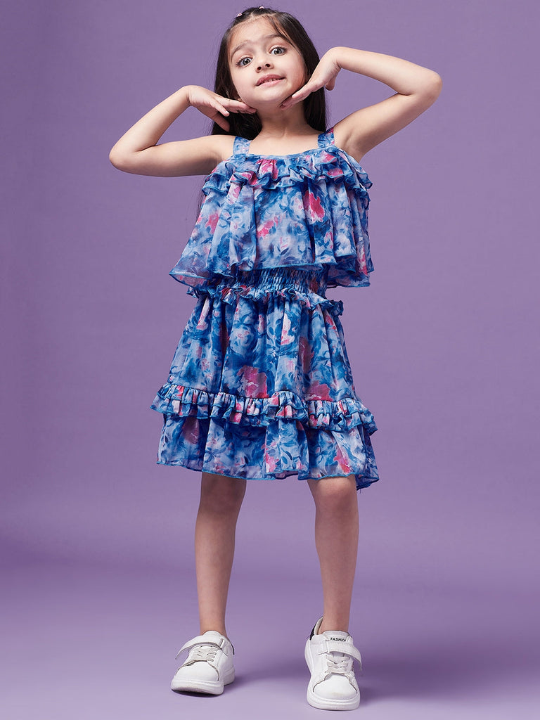 Girls Floral Printed Ruffled Chiffon Fit Flare Dress (d-bluefloral)