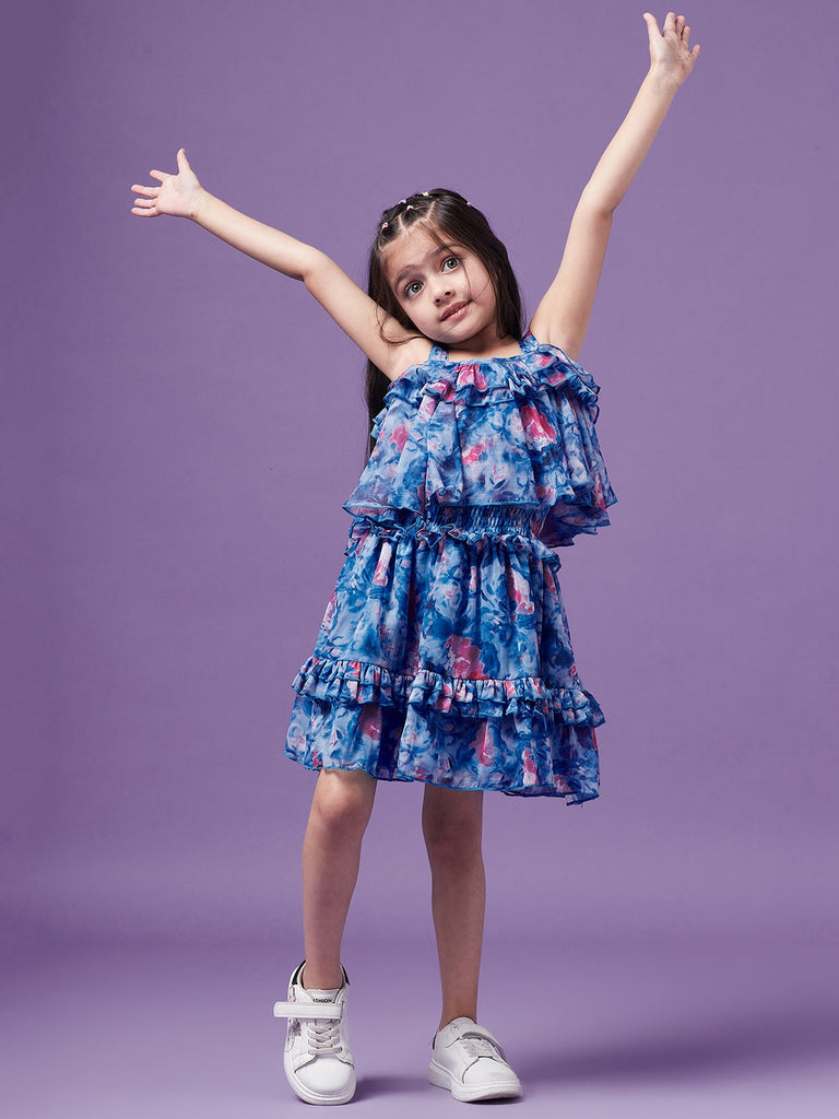 Girls Floral Printed Ruffled Chiffon Fit Flare Dress (d-bluefloral)
