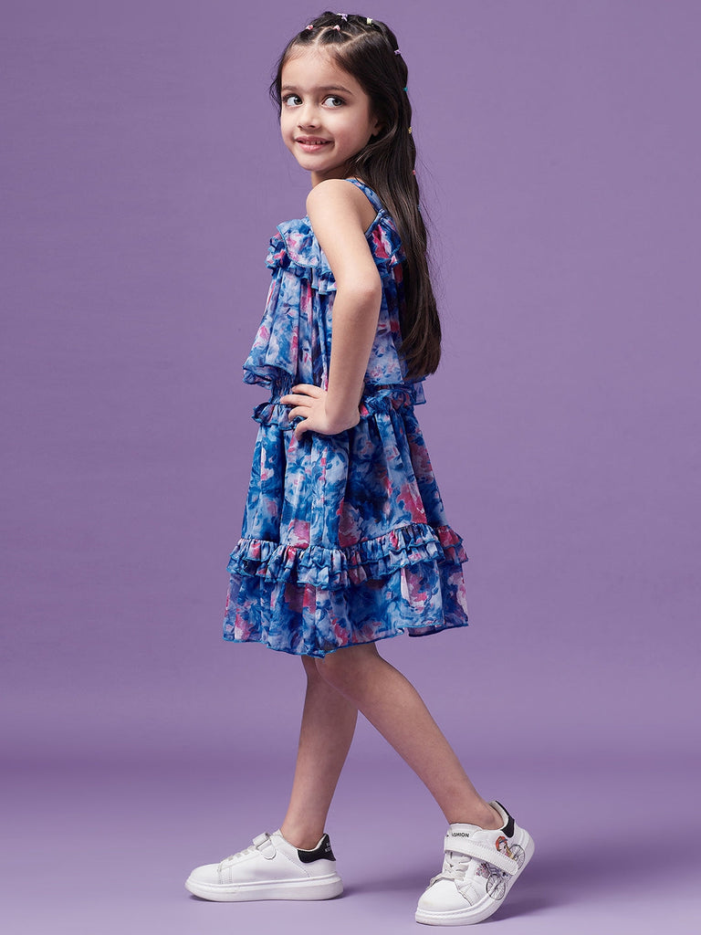 Girls Floral Printed Ruffled Chiffon Fit Flare Dress (d-bluefloral)